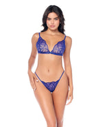 Mapale Lace Bralette with G-String & Garter 3 pc Set - Sapphire Blue S/M Mapale