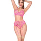 Mapale Sheer Lace Underwire Top with Panty & Garter 3 pc Set - Pink S/M Mapale