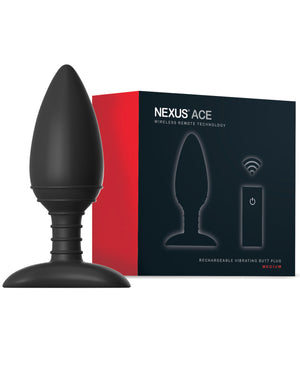 Black butt plug with Nexus Ace packaging on a white background