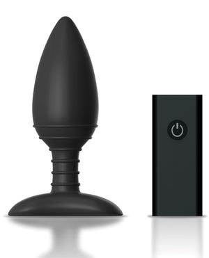 Black silicone butt plug with remote control on a white background