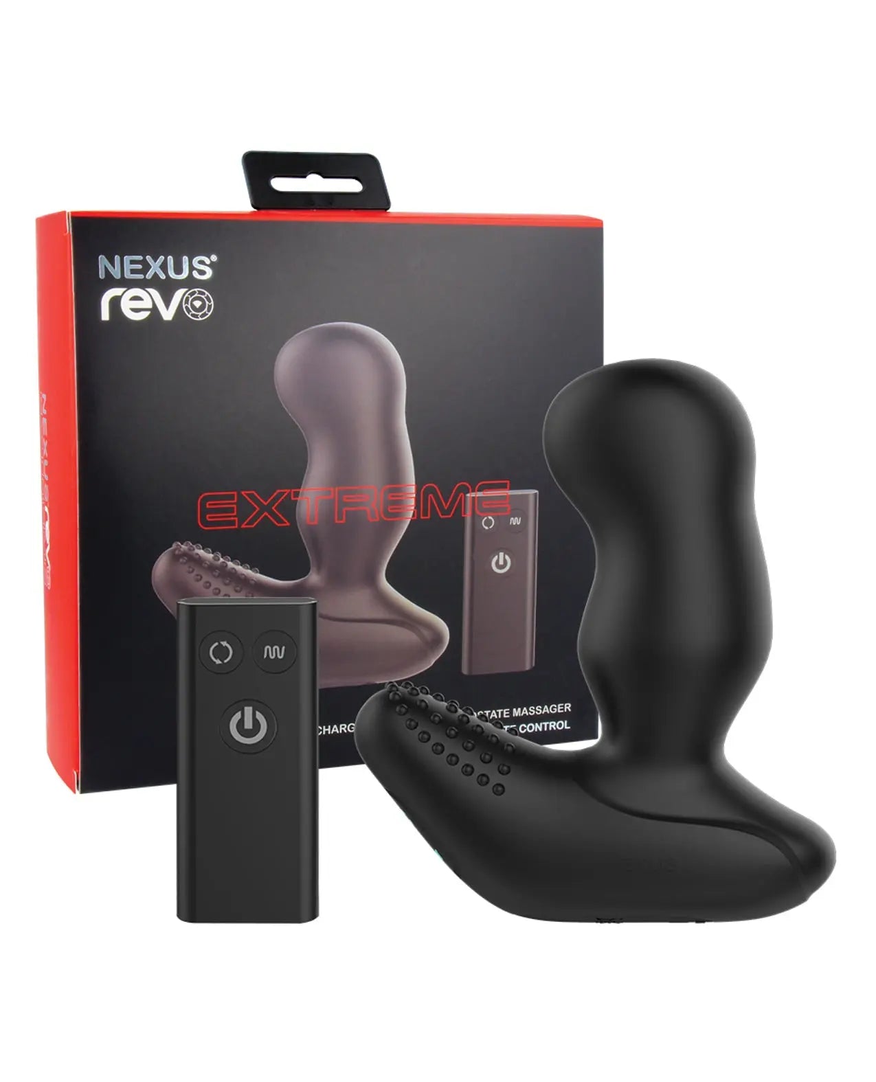 Nexus Revo Extreme Rotating Prostate Massager product with packaging on a white background