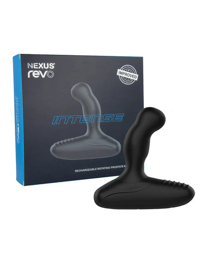 Black Nexus Revo Intense Rotating Prostate Massager device with packaging on a white background