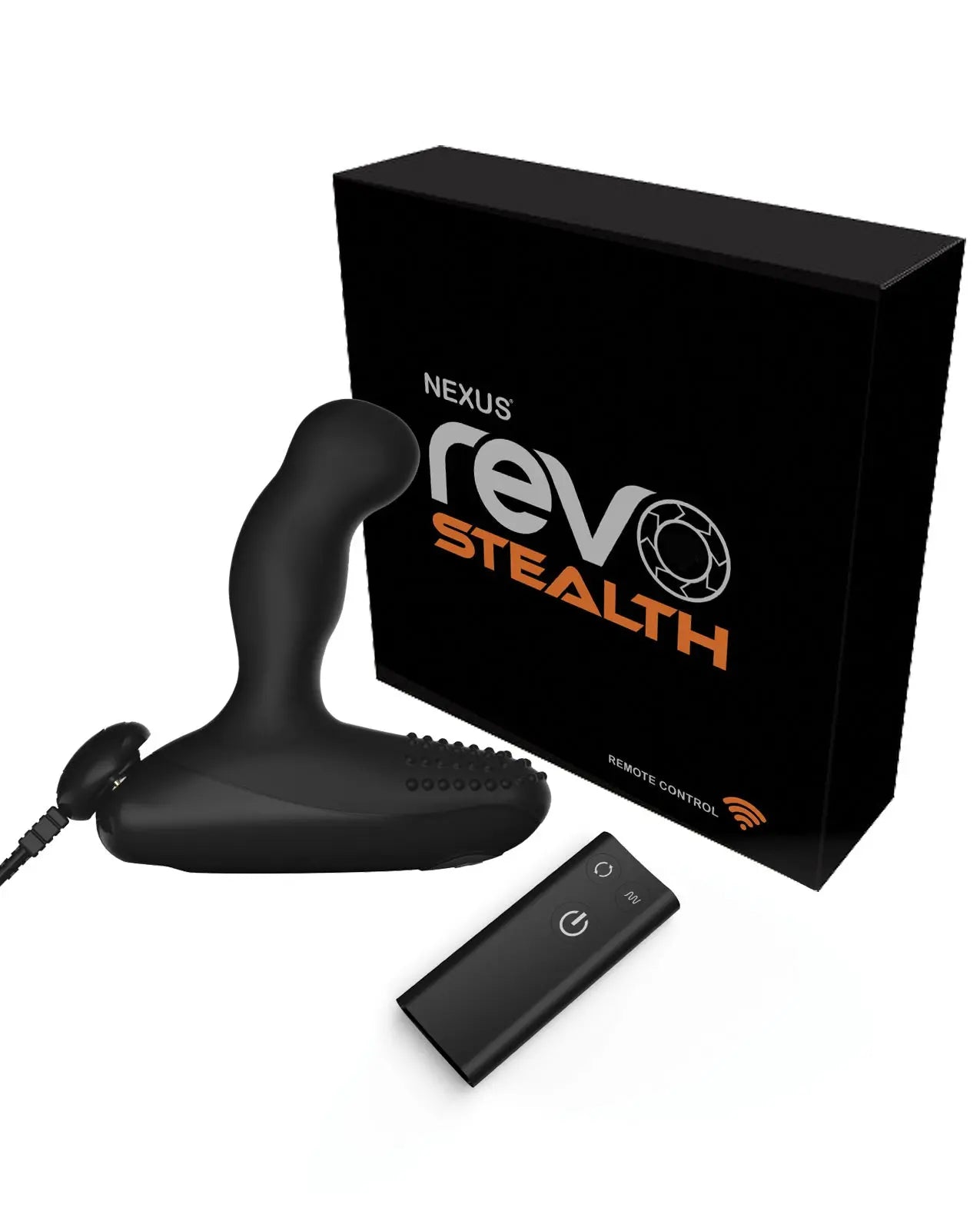 Black remote control device with Nexus Revo Stealth Remote Control Rotating Prostate Massager and packaging on a white background
