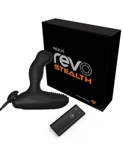 Black remote control device with Nexus Revo Stealth Remote Control Rotating Prostate Massager and packaging on a white background