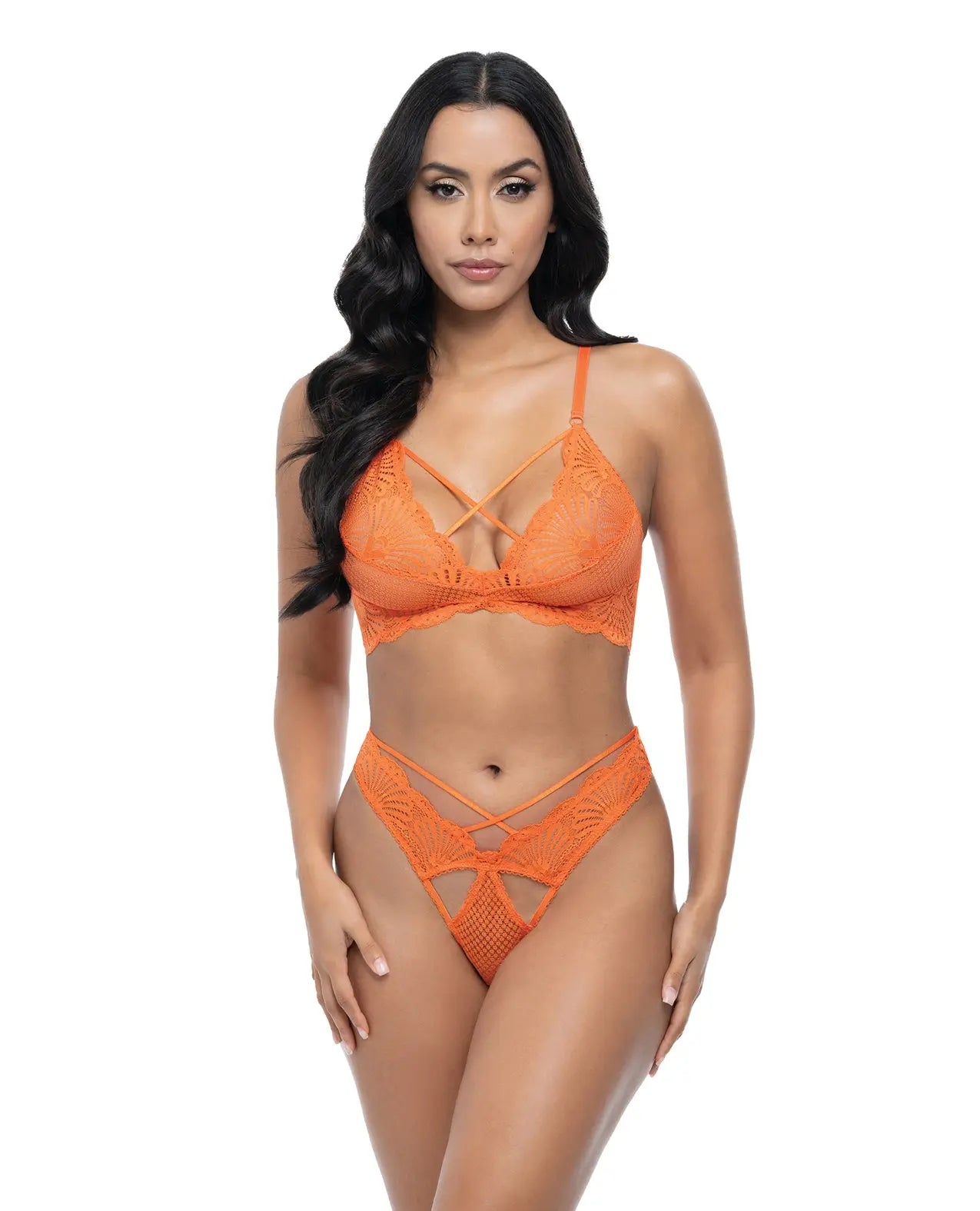 Oh La La Cheri Amina Scallop Lace & Mesh Bralette with Panty 2 pc Set | Dragon Fire Orange L/XL Oh La La Cheri