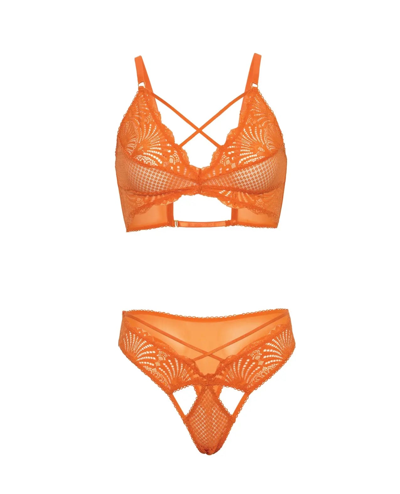 Oh La La Cheri Amina Scallop Lace & Mesh Bralette with Panty 2 pc Set | Dragon Fire Orange L/XL Oh La La Cheri