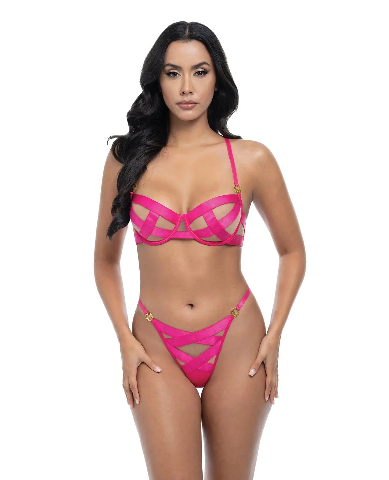 Oh La La Cheri Raelynn Satin Strappy Underwire Bra with G-String 2 pc Set | Pink Yarrow XL Oh La La Cheri