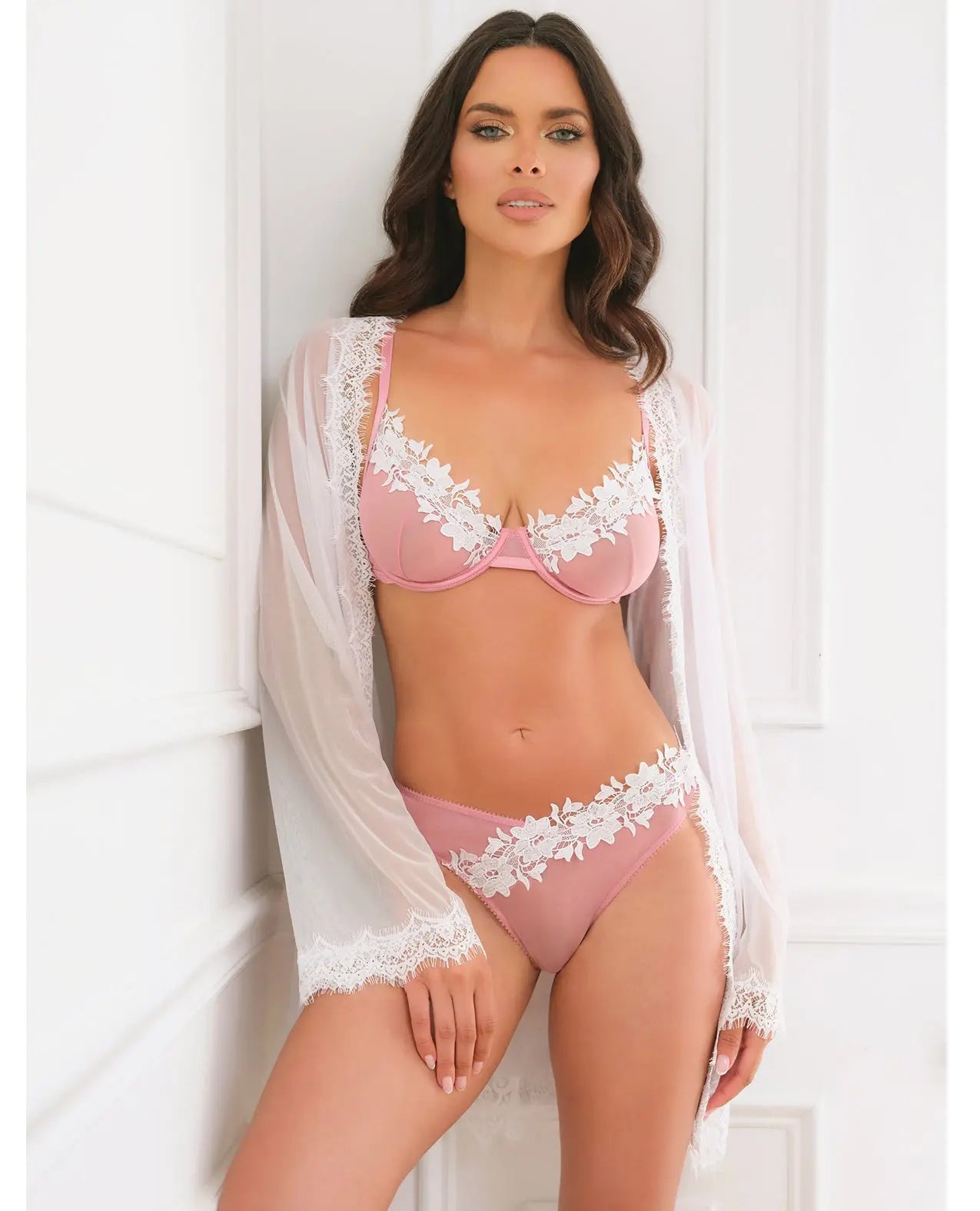 Oh La La Cheri Glinda Mesh 2 pc Set with Floral Embroidered Details - Pink & White MD Oh La La Cheri