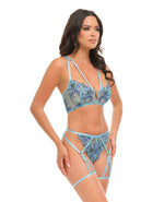 Oh La La Cheri Emilia Floral Embroidered 2 pc Set with Strapping Details & Attached Double Garter | Blue LG Oh La La Cheri