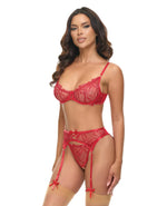 Oh La La Cheri Mariah Embroidered Lace and Mesh Underwire Bra with Garter & G-String 3 pc Set | Burgundy XL Oh La La Cheri