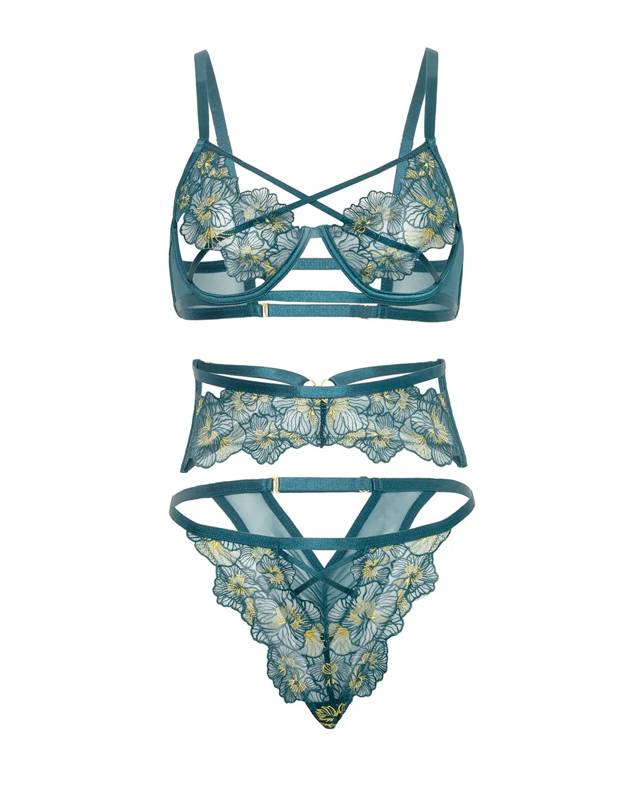 Oh La La Cheri Daphne Lace Underwire 3 pc Set with Embroidered Trim & Crossing Elastics | Blue LG Oh La La Cheri