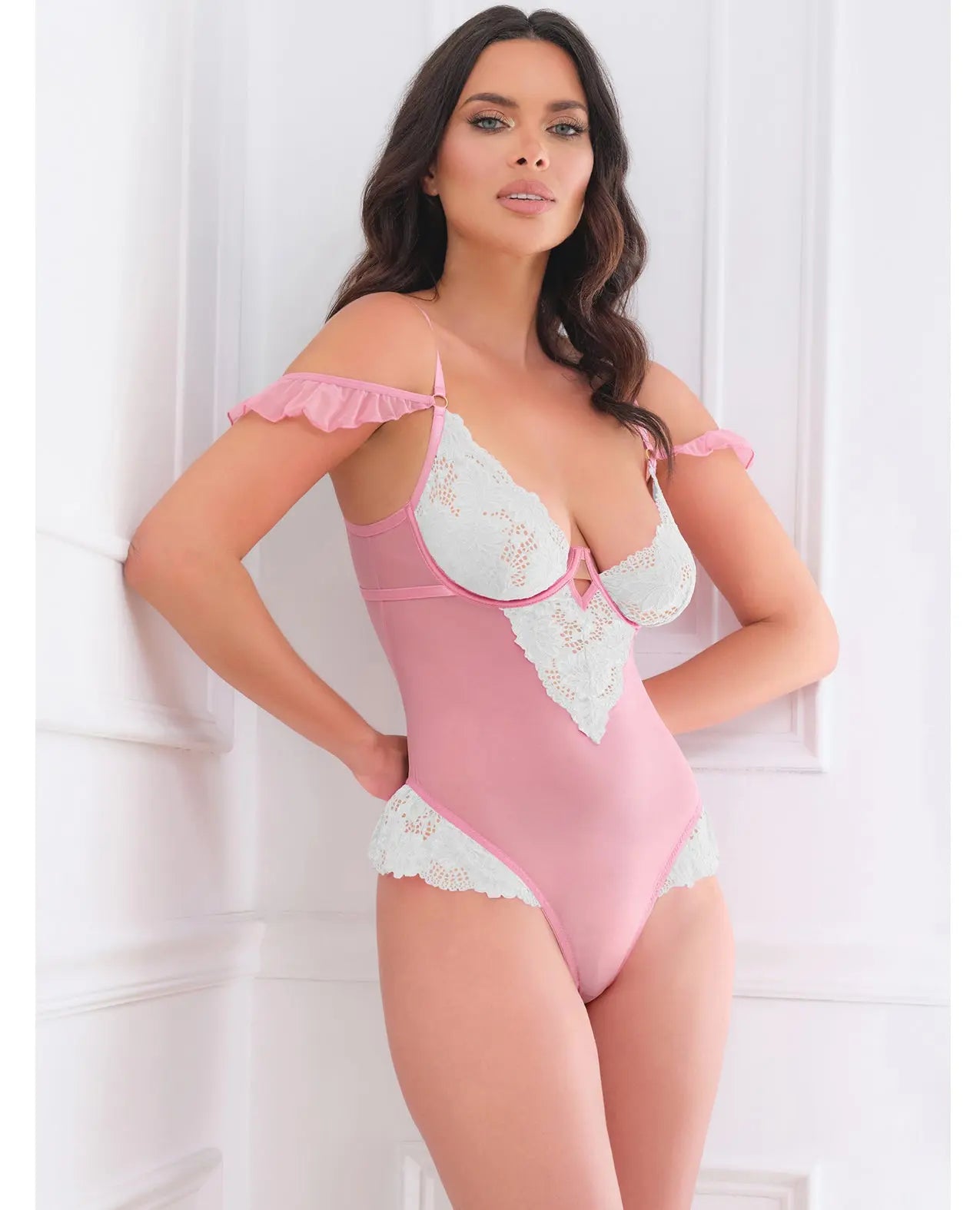 Oh La La Cheri Cassandra Lace & Mesh Teddy with Ruffle Details - Pink & White MD Oh La La Cheri