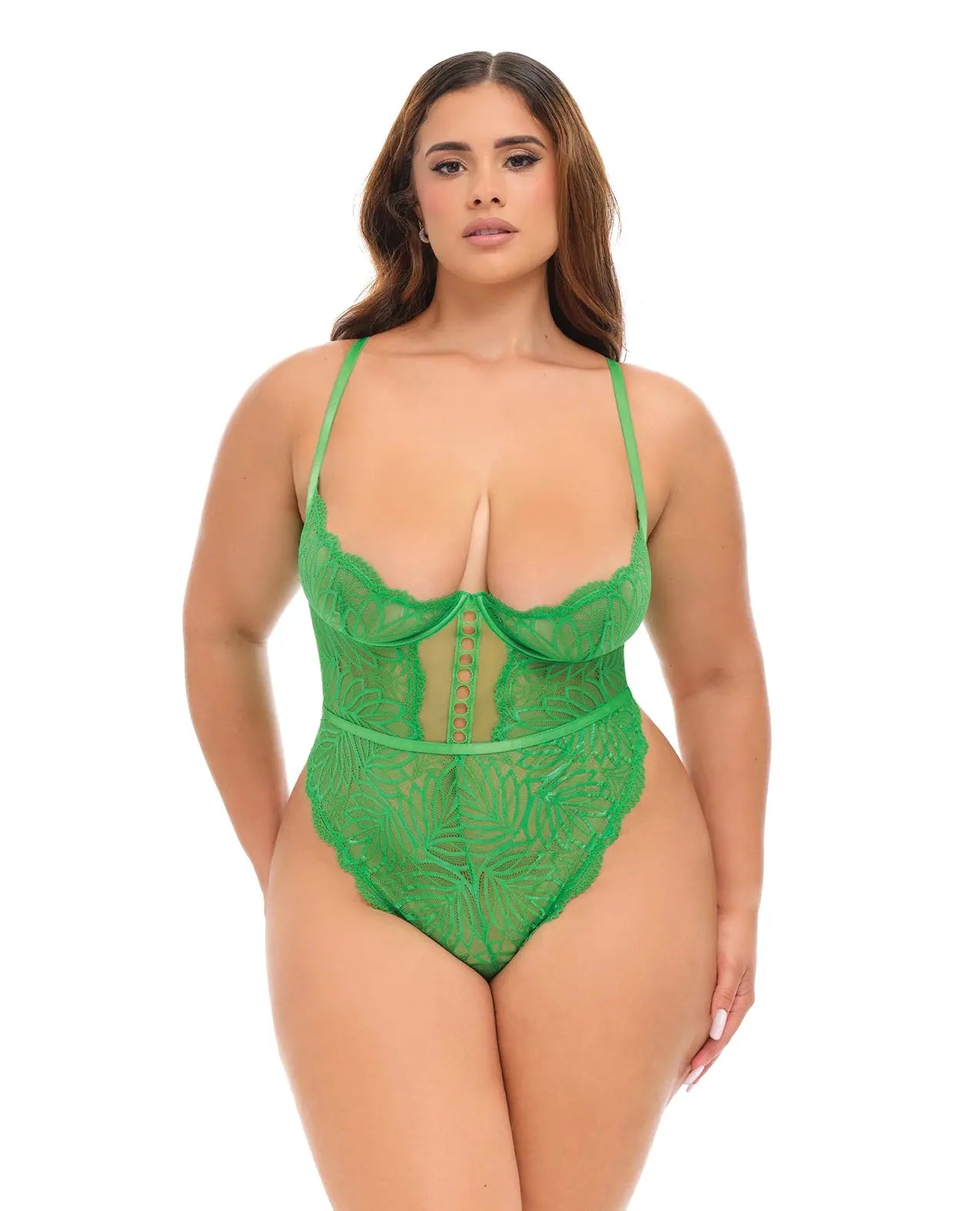 Oh La La Cheri Raine Underwire Shelf Cup Lace Teddy with Decorative Trim Insert | Green 1X/2X Oh La La Cheri