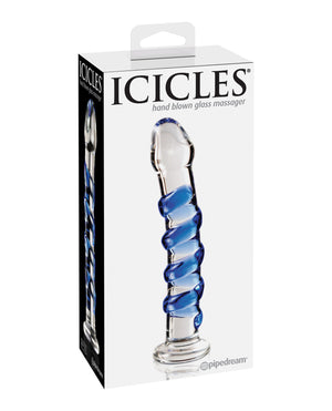 Icicles No. 5 Hand Blown Glass Massager - Clear with Blue Swirls