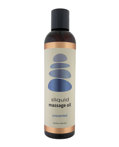 Sliquid unscented massage oil bottle on a white background
