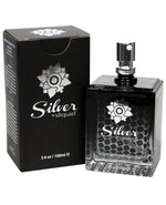 Black perfume-looking bottle with personal lubricant with 'Silver by Sliquid' branding on a white background
