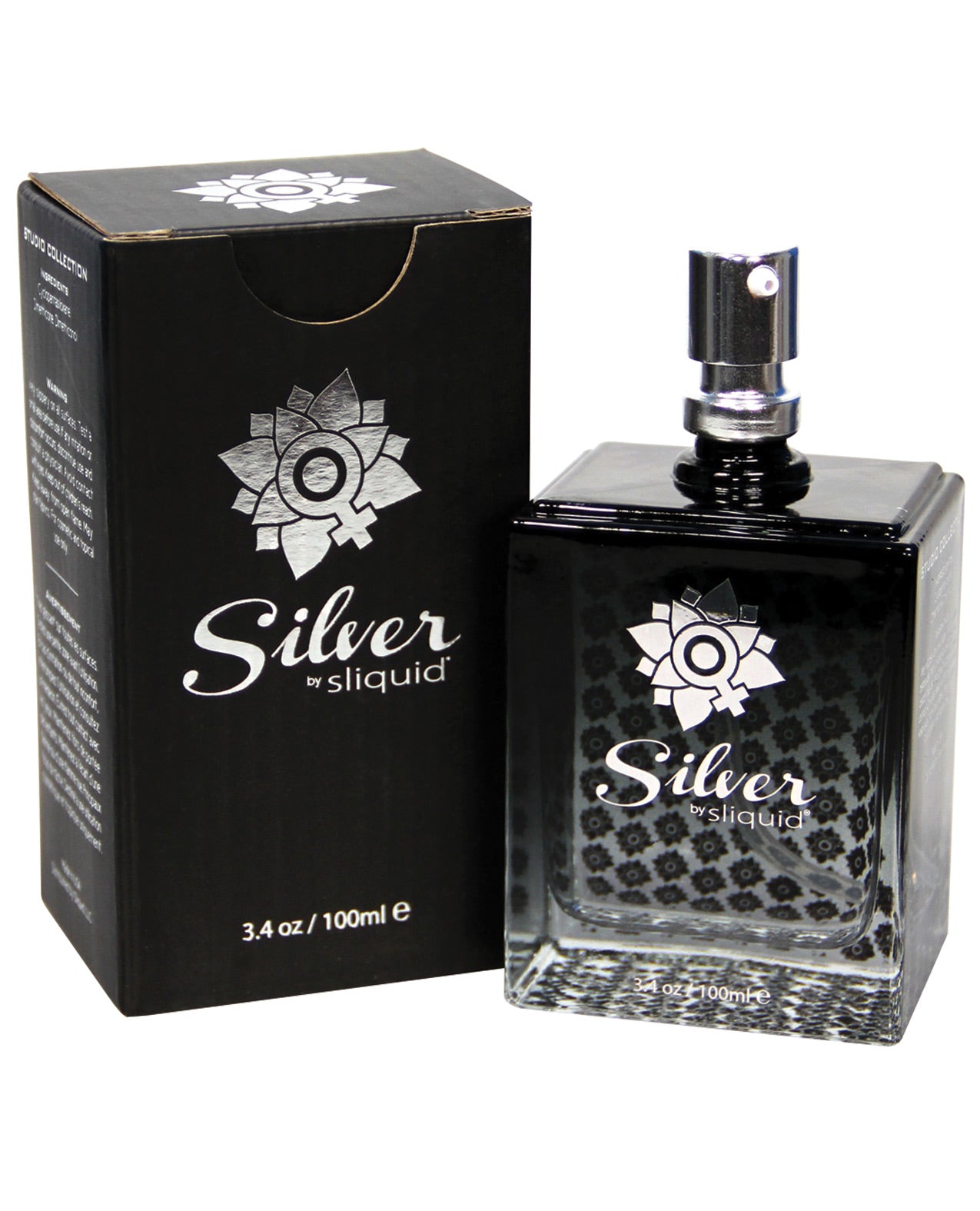 Black perfume-looking bottle with personal lubricant with 'Silver by Sliquid' branding on a white background