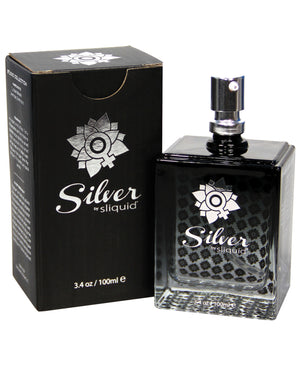Black perfume-looking bottle with personal lubricant with 'Silver by Sliquid' branding on a white background