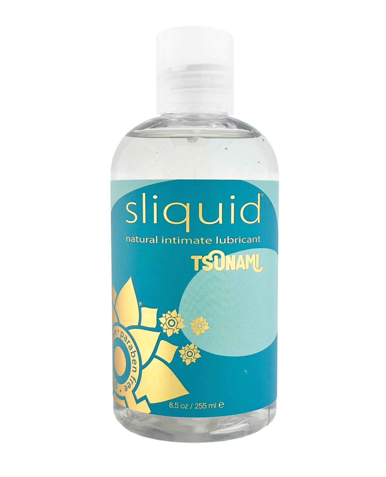 Sliquid natural intimate lubricant bottle with blue label and white cap on a white background