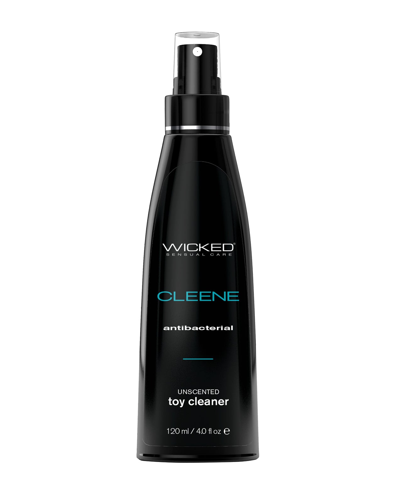 Black spray bottle of Wicked Sensual Care Cleene Anti-Bacterial Sex Toy Cleaner on a white background