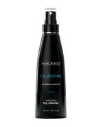 Black spray bottle of Wicked Sensual Care Cleene Anti-Bacterial Sex Toy Cleaner on a white background