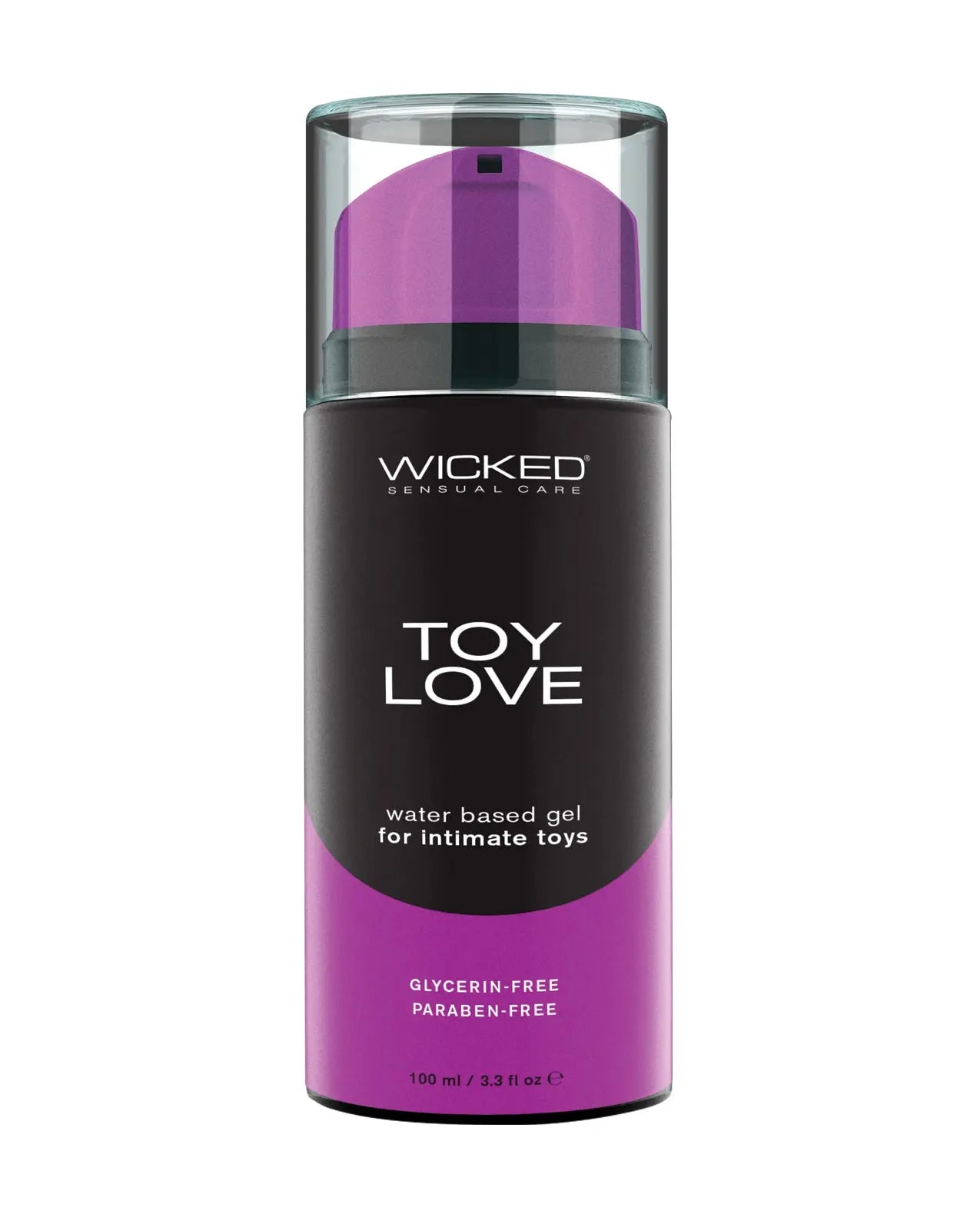 Bottle of Wicked Toy Love water-based gel for intimate toys on a white background
