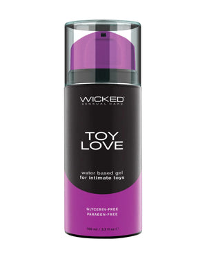 Bottle of Wicked Toy Love water-based gel for intimate toys on a white background