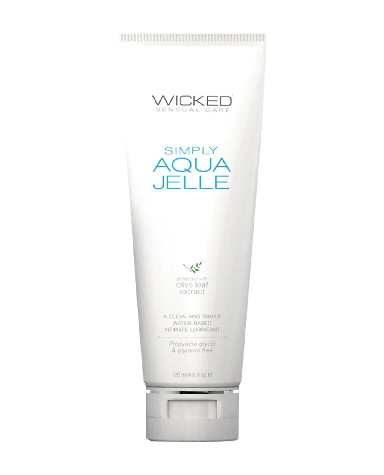 Wicked Sensual Care Simply Aqua Jelle personal lubricant tube on a white background