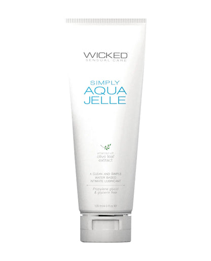 Wicked Sensual Care Simply Aqua Jelle personal lubricant tube on a white background