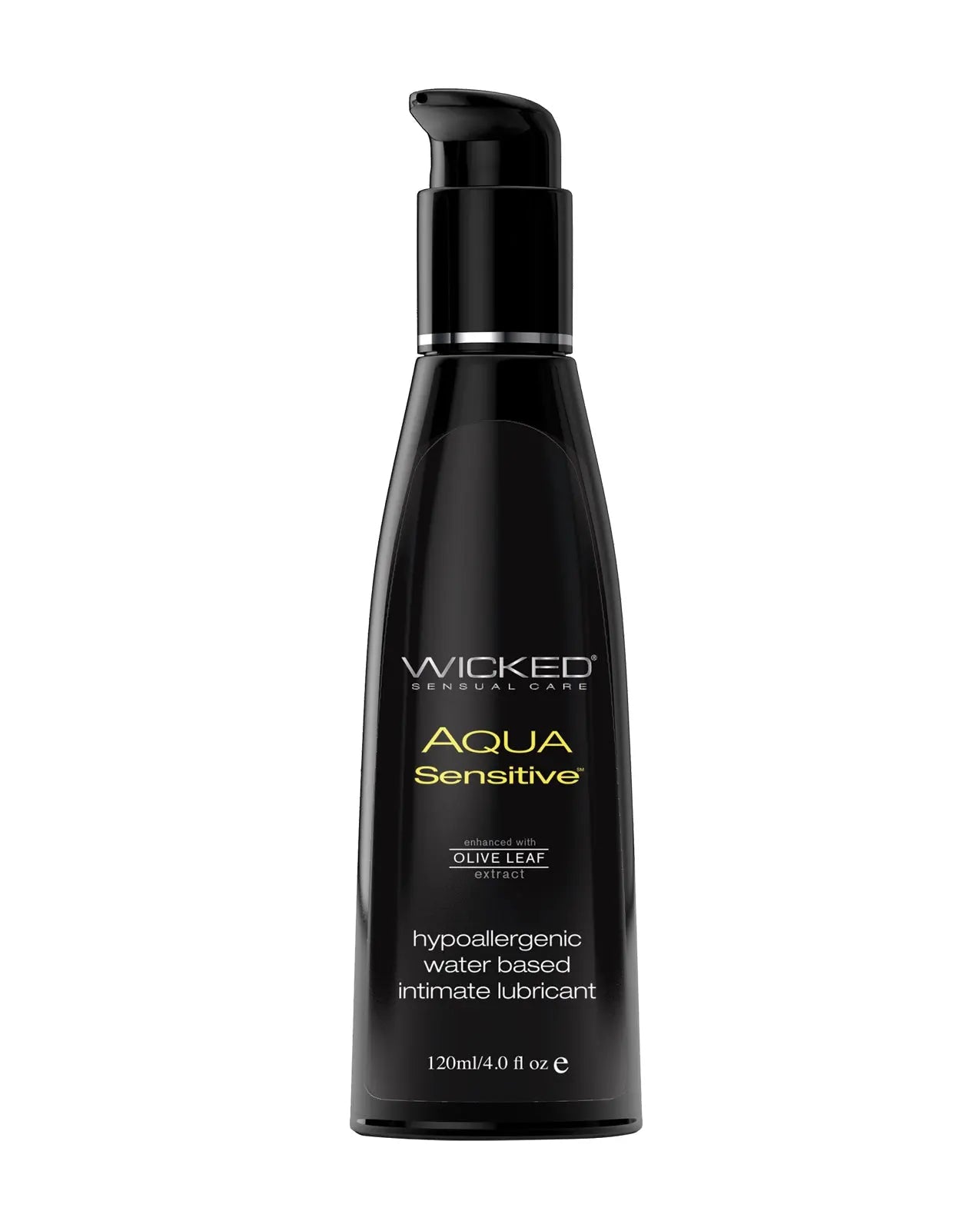 Black bottle of Wicked Sensual Care Aqua Sensitive water-based personal lubricant on a white background