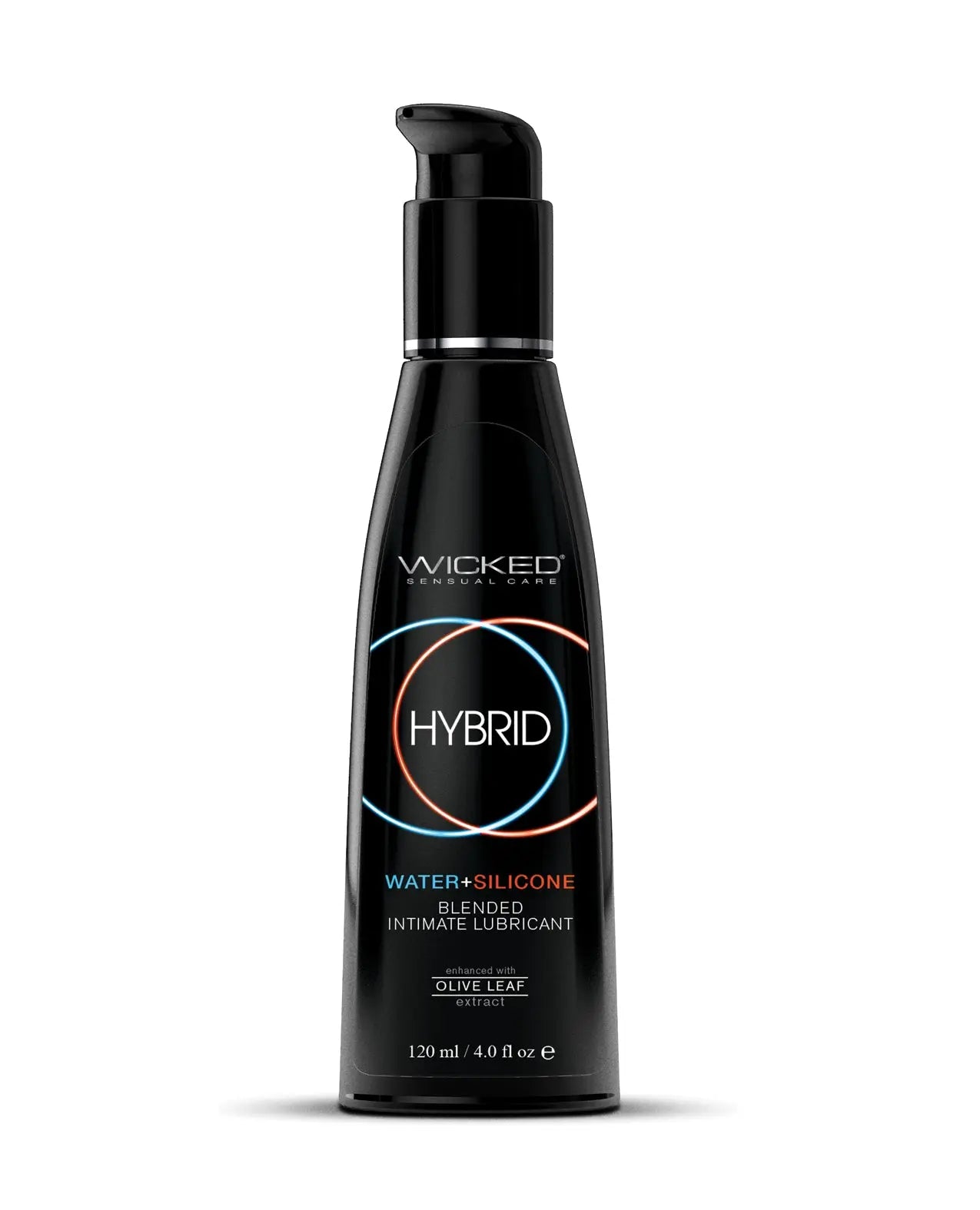 Black bottle of Wicked Hybrid lubricant on a white background