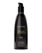 Black bottle of Wicked Aqua Sensitive water-based personal lubricant on a white background