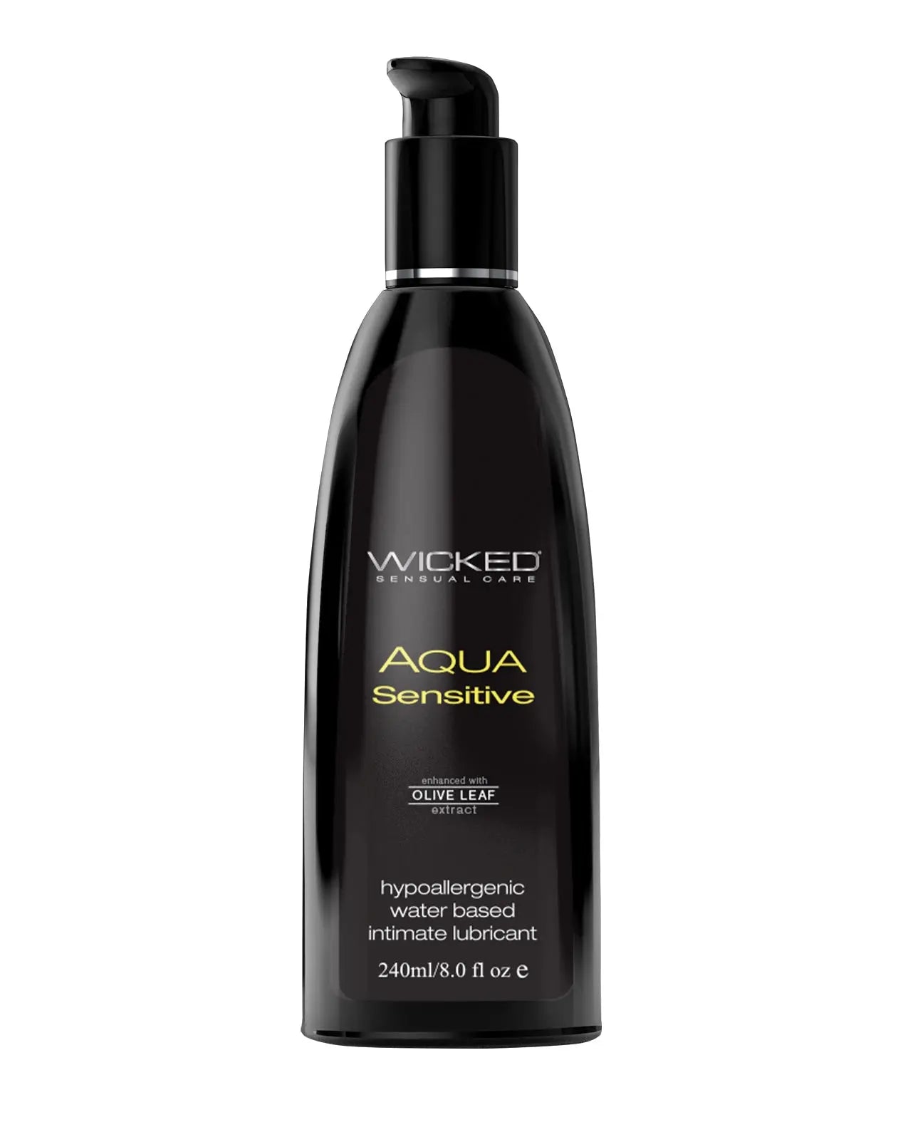 Black bottle of Wicked Aqua Sensitive water-based personal lubricant on a white background