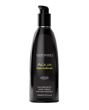 Black bottle of Wicked Aqua Sensitive water-based personal lubricant on a white background