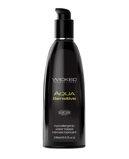 Black bottle of Wicked Aqua Sensitive water-based personal lubricant on a white background