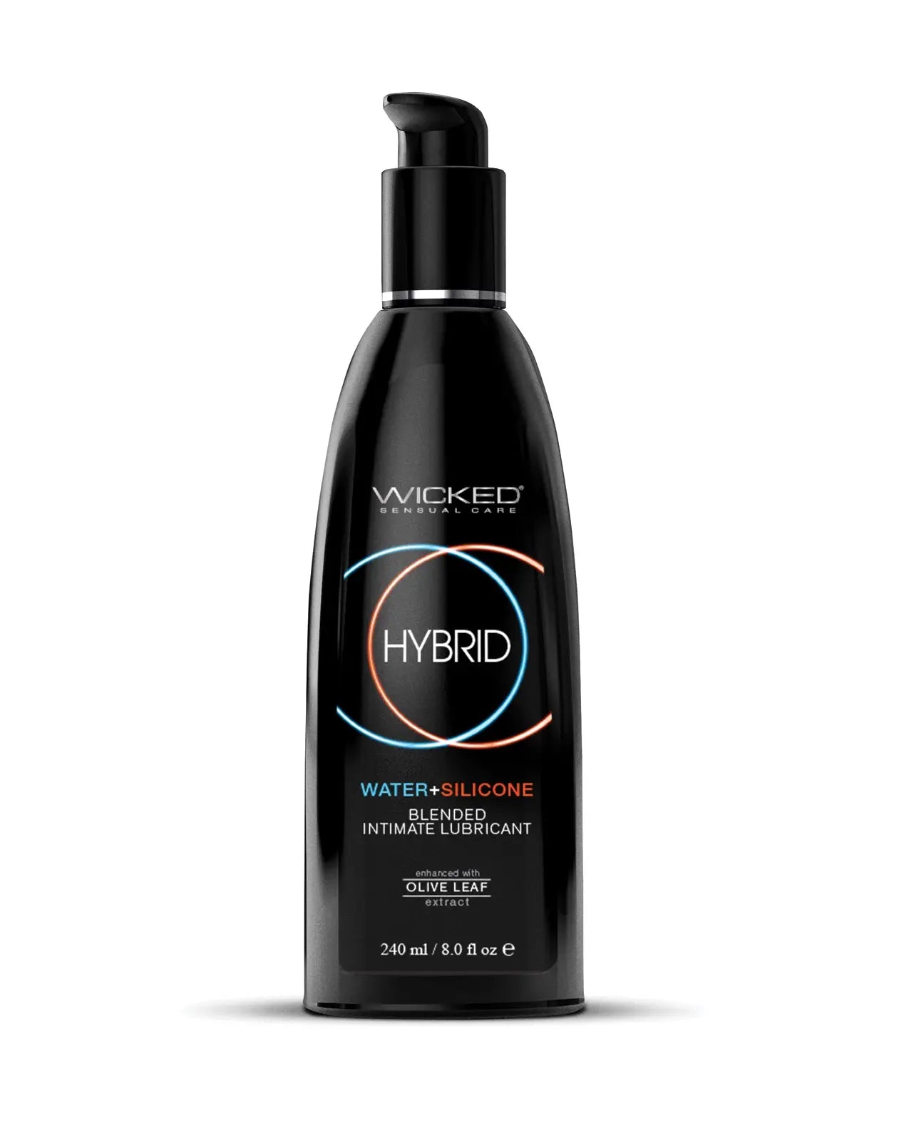 Black bottle of Wicked Hybrid lubricant on a white background