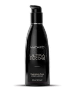 Black bottle of Wicked Sensual Care Ultra Silicone personal lubricant on a white background