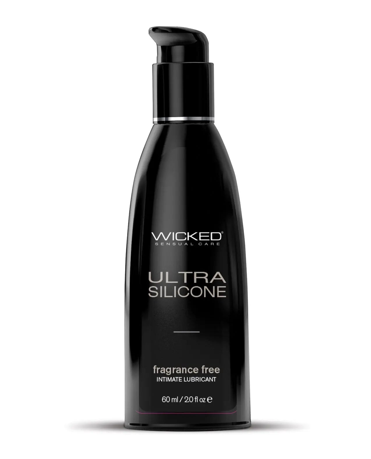 Black bottle of Wicked Sensual Care Ultra Silicone personal lubricant on a white background