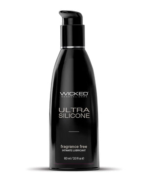 Black bottle of Wicked Sensual Care Ultra Silicone personal lubricant on a white background