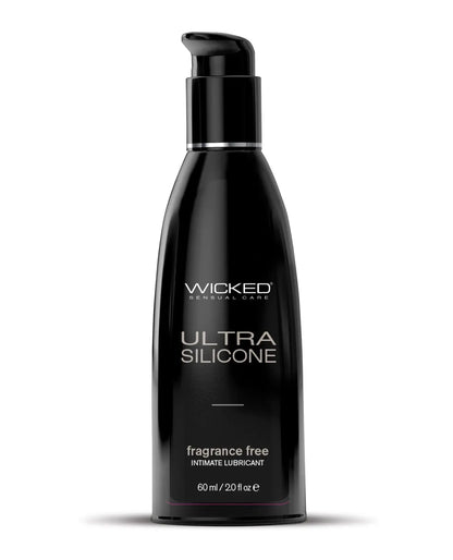 Black bottle of Wicked Sensual Care Ultra Silicone personal lubricant on a white background