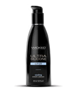 Black bottle of Wicked Sensual Care Ultra Silicone Chill personal lubricant on a white background