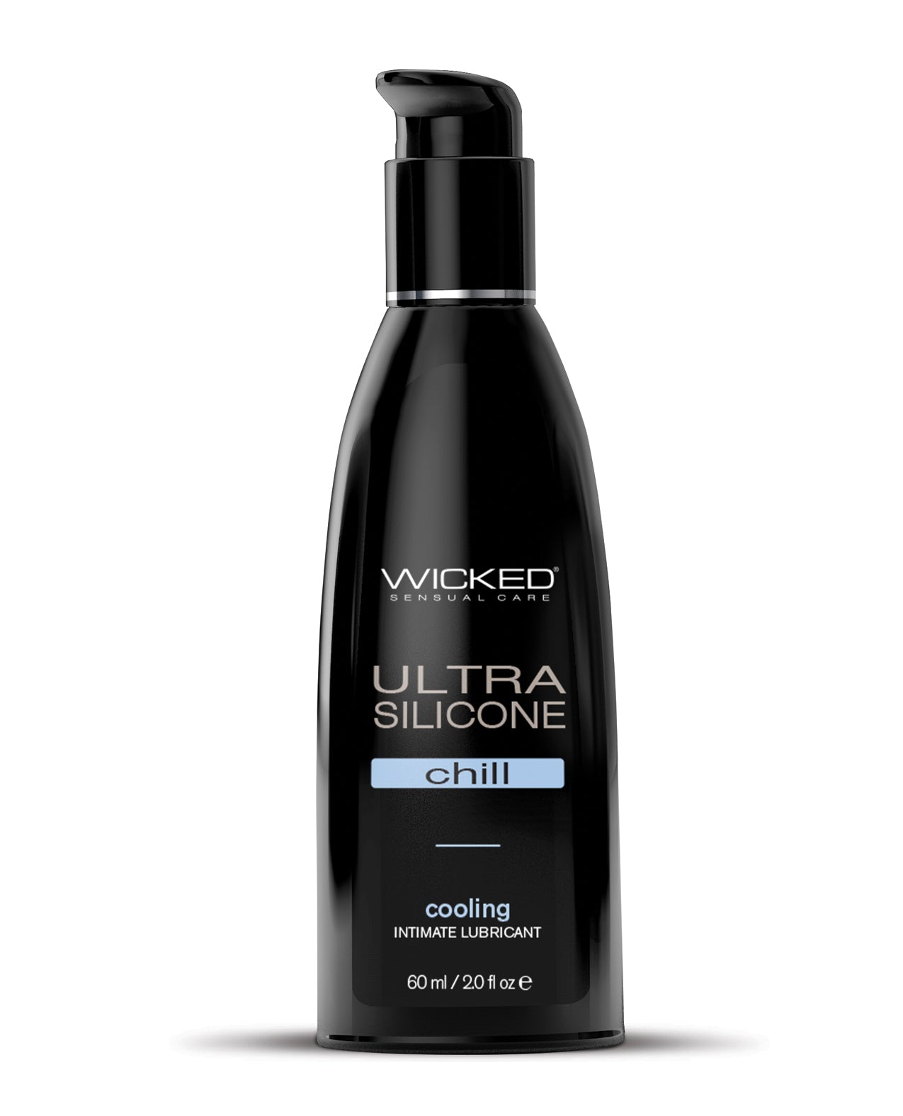Black bottle of Wicked Sensual Care Ultra Silicone Chill personal lubricant on a white background