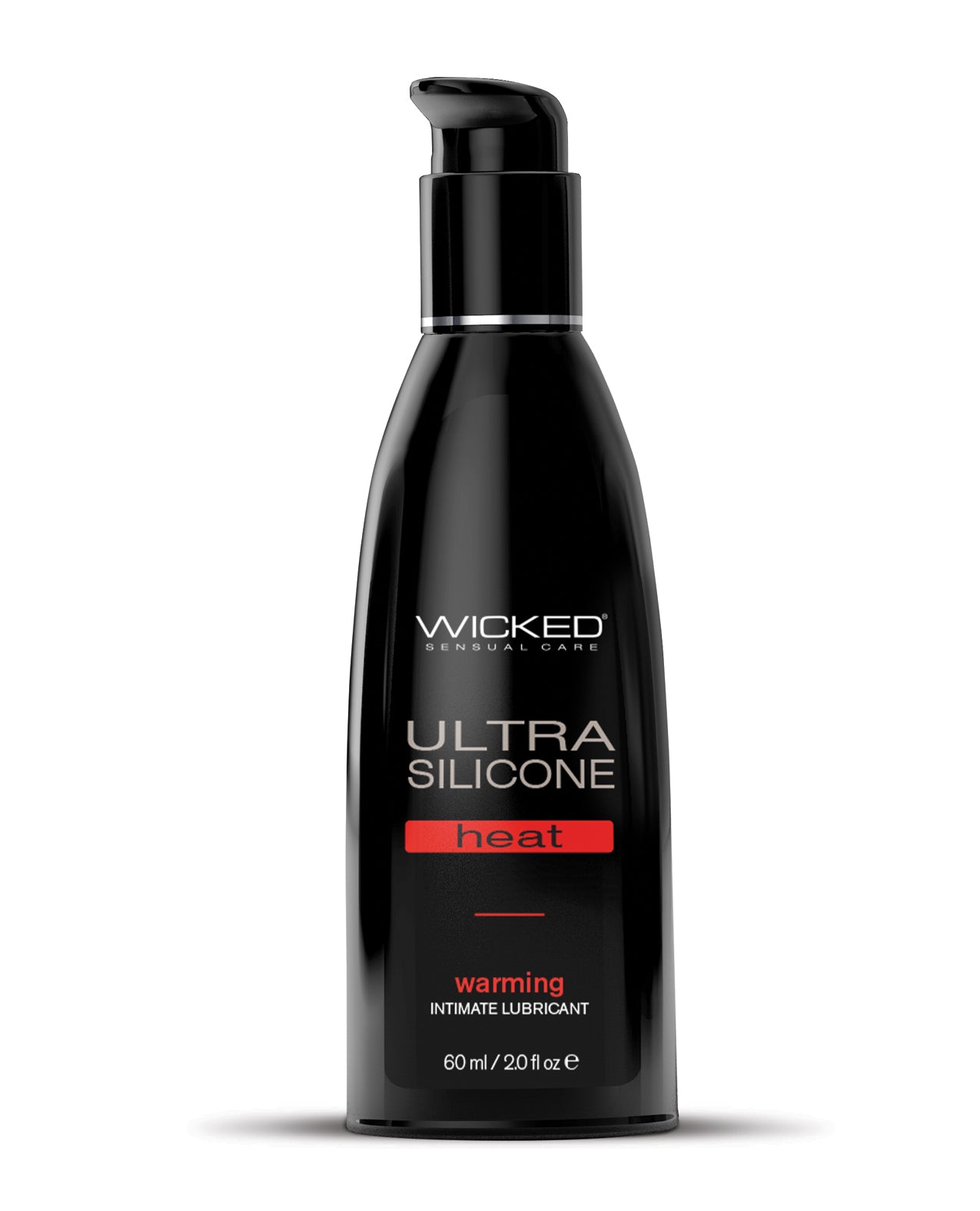 Black bottle of Wicked Sensual Care Ultra Silicone heat lubricant on a white background