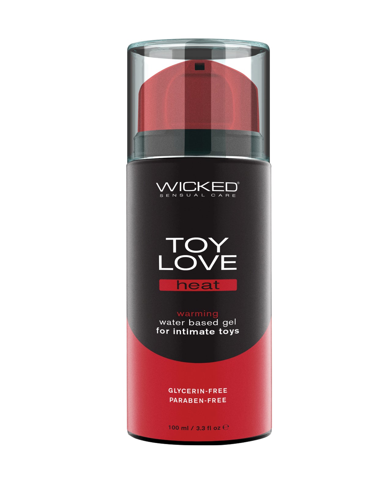 Wicked Toy Love Heat gel lubricant for intimate toys container on a white background
