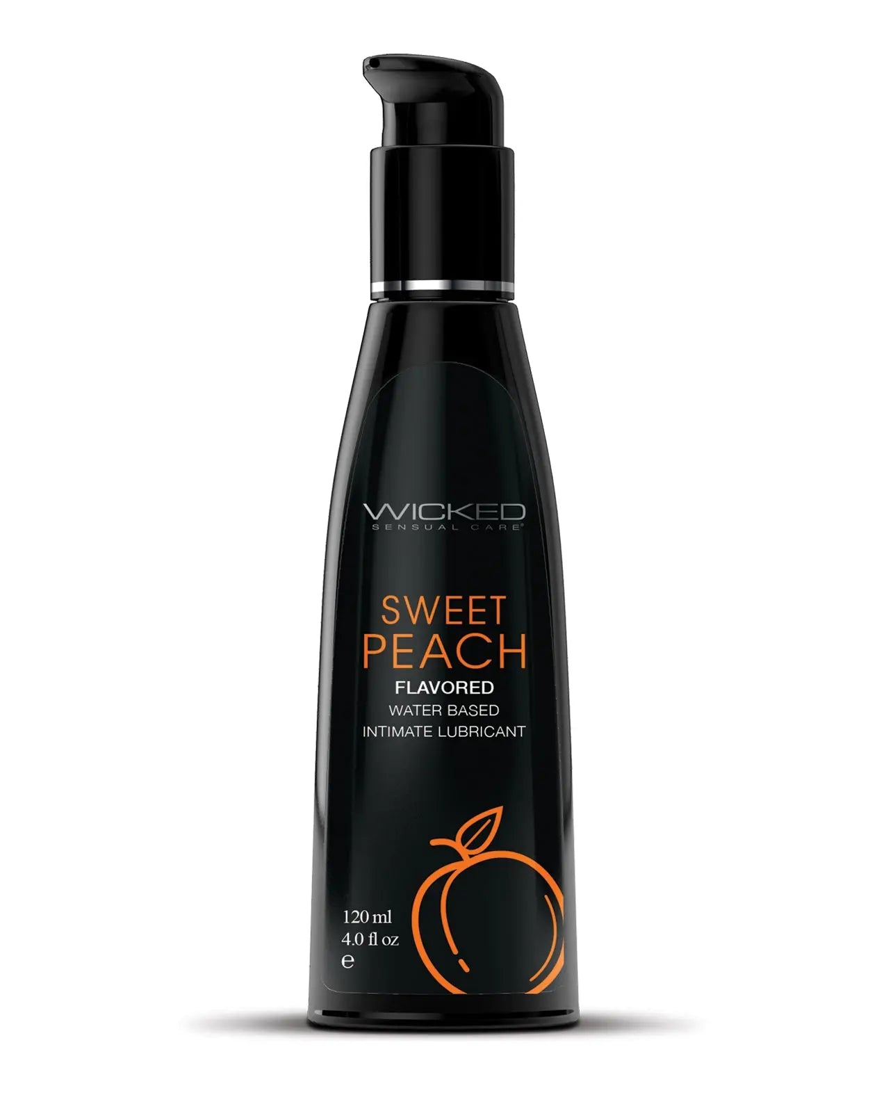 Black bottle of Wicked Sweet Peach flavored personal lubricant on a white background