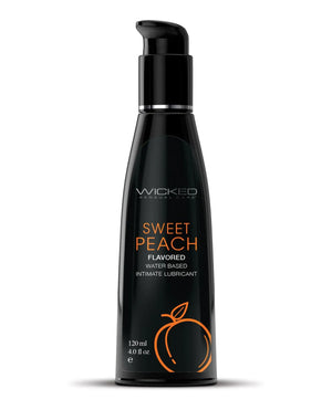 Black bottle of Wicked Sweet Peach flavored personal lubricant on a white background