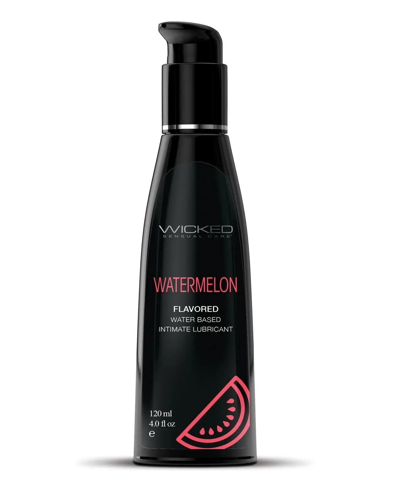 Black bottle of Wicked Sensual Care watermelon-flavored intimate lubricant on a white background
