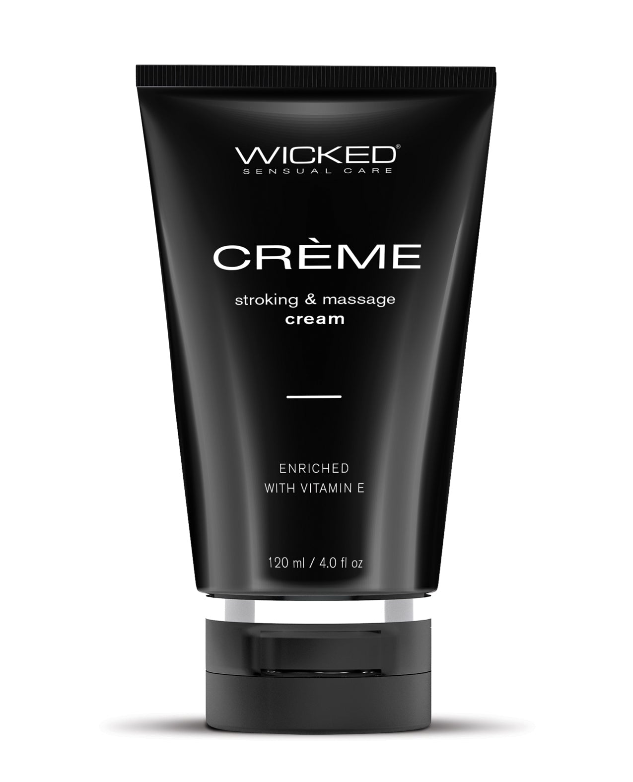 Black tube of Wicked Sensual Care Crème personal lubricant on a white background