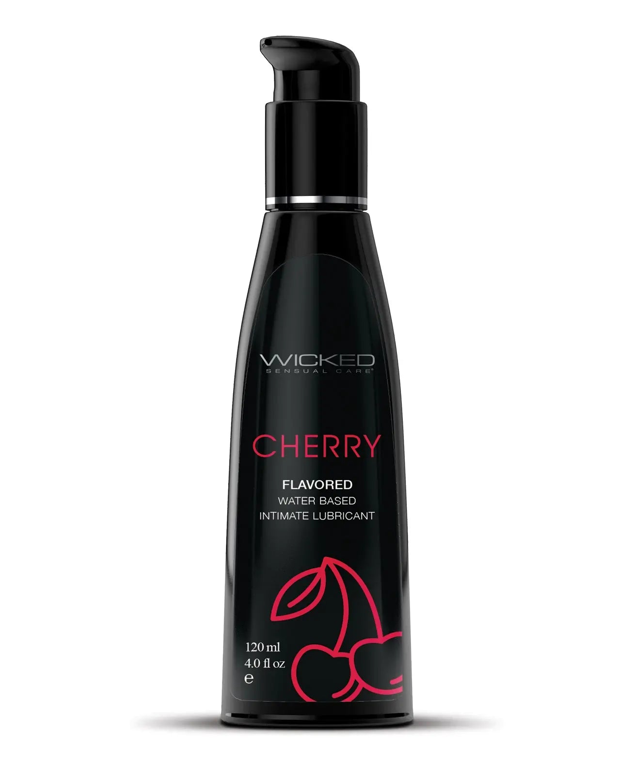 Black bottle of Wicked Cherry flavored intimate lubricant on a white background