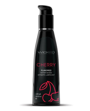 Black bottle of Wicked Cherry flavored intimate lubricant on a white background